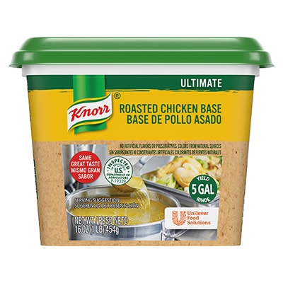 Knorr® Professional Ultimate Chicken Bouillon Base 6 x 1 lb - Excess salt in bases masks the true flavor of soups - not in Knorr® Professional Ultimate Chicken Bouillon Base 6 x 1 lb!
